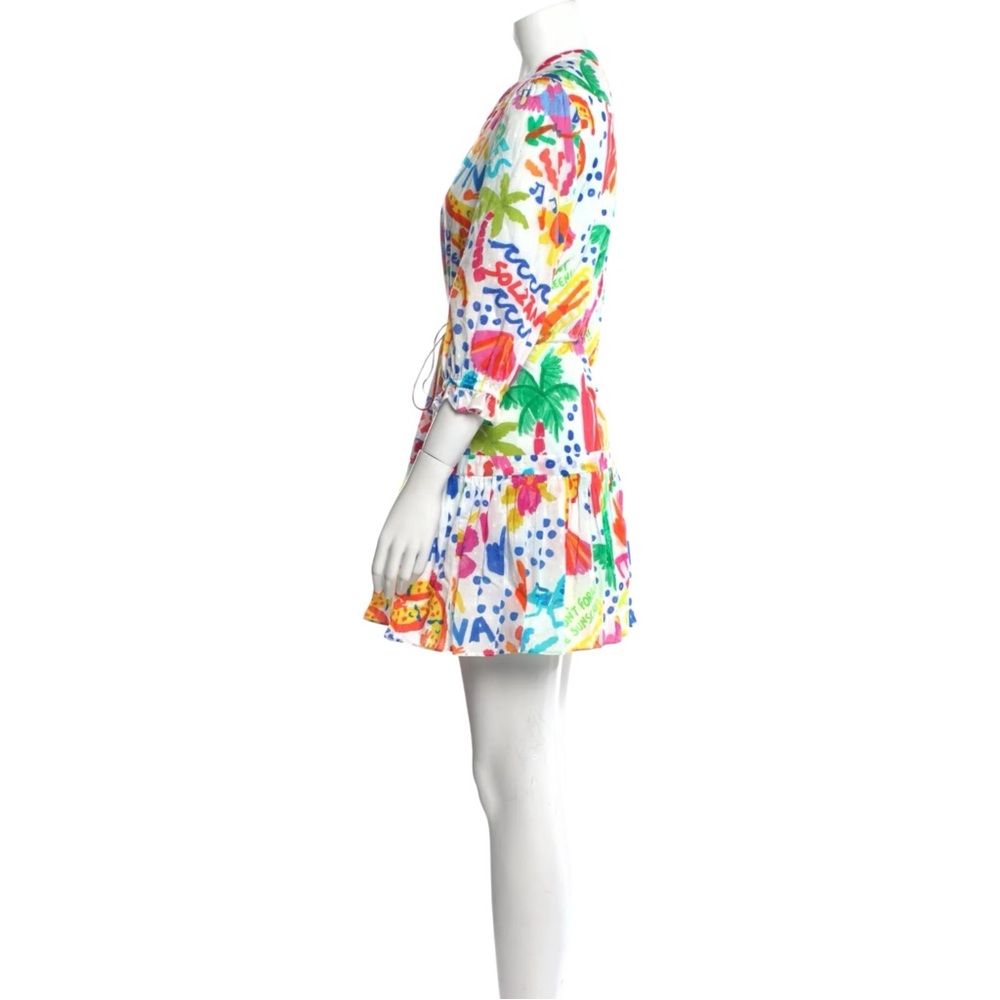Farm Rio White Colorful Jungle Print Mini Dress w/ Waist Tie & Tassels sz L - Picture 9 of 10